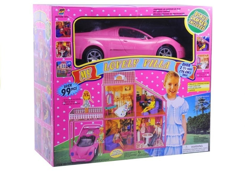 DUŻA Willa dla lalek 76cm + sportowe różowe autko