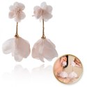 Kolczyki wiszące, efektowne tiulowe kwiat, pudrowy róż K1704