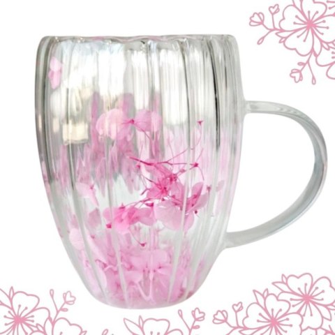 Szklanka termiczna ryflowana z kwiatami w środku, gipsówka róż 300 ml 1szt SZK157