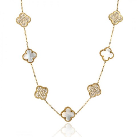 Naszyjnik stal szlachetna pozłacana 14k złotem, koniczynki, masa perłowa, cyrkonie NST2175