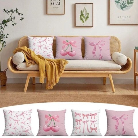 Lniana poszewka na poduszkę 45 x 45 cm biała, KOKARDKI różowe POD230