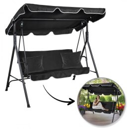Huśtawka ogrodowa 3-osobowa z baldachimem i 2 poduszkami, czarna HO01CZ