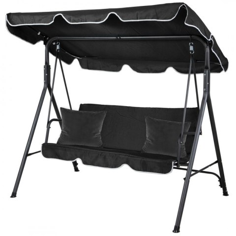Huśtawka ogrodowa 3-osobowa z baldachimem i 2 poduszkami, czarna HO01CZ