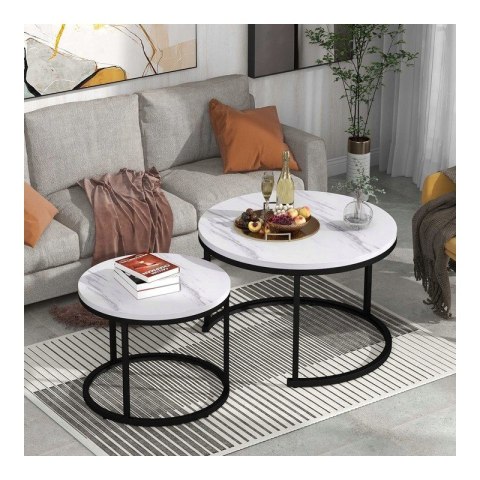 Zestaw okrągłych stolików kawowych 2w1 biały marmur 60 i 80 cm STL14