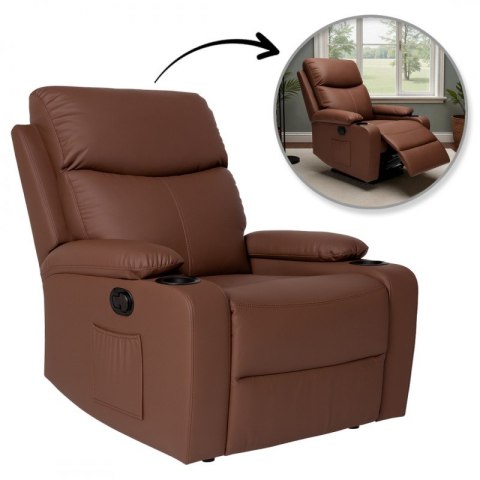 Fotel, sofa rozkładana jednoosobowa VERO z uchwytem na napój, ekoskóra brąz SOF01BR