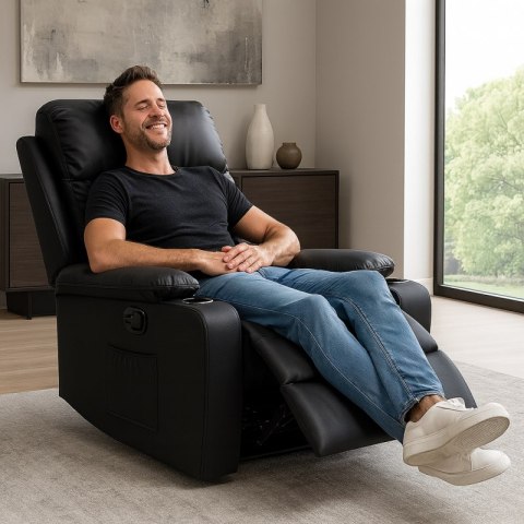 Fotel, sofa rozkładana jednoosobowa VERO z uchwytem na napój, ekoskóra czarna SOF01CZ