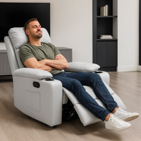 Fotel, sofa rozkładana jednoosobowa VERO z uchwytem na napój, ekoskóra szary SOF01SZ