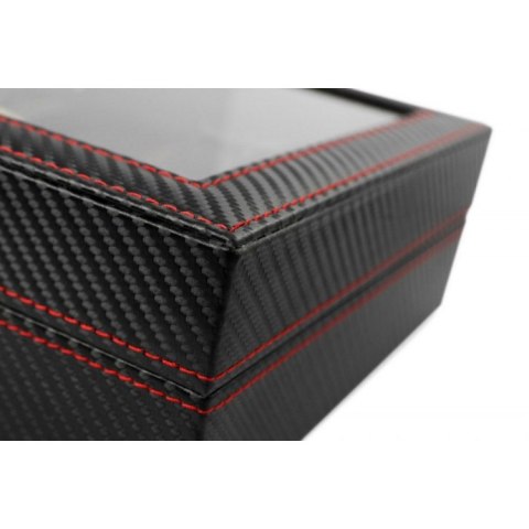Szkatułka pudełko na zegarki 6szt, etui, Karbon czarny, czerwone przeszycia, szkło PD59