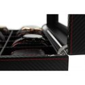 Szkatułka pudełko na zegarki 6szt, etui, Karbon czarny, czerwone przeszycia, szkło PD59
