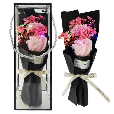 Bukiet zapachowych kwiatów mydlanych w pudełku, róże na prezent, świecące LED BUK08