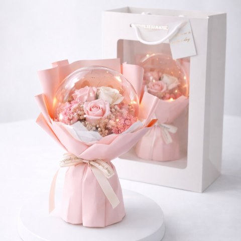 Bukiet zapachowych kwiatów mydlanych w torebce na prezent, kula, świecące LED - BUK14R