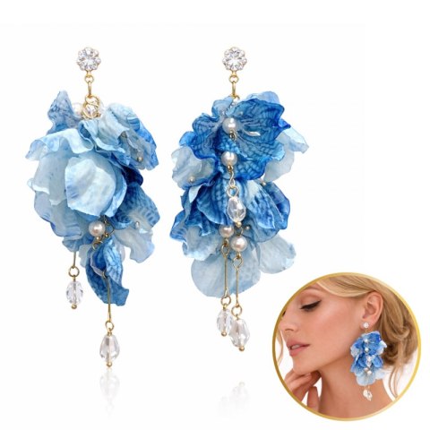 Kolczyki wiszące, efektowne tiulowe z kryształkami, niebieskie ombre sztyft K1729