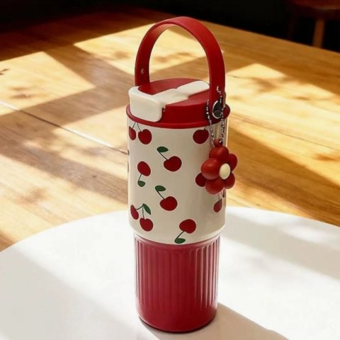 Kubek termiczny z uchwytem i ustnikiem, czerwony w wisienki 750ml BD57
