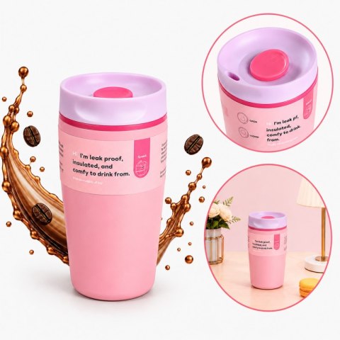 POJEMNY KUBEK TERMICZNY 340 ml TERMOS zamykany, jasnoróżowy CUP32