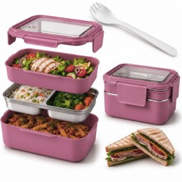 Śniadaniówka LUNCH BOX z widelcem, stal nierdzewna, 2 poziomy, ciemny róż PJM50CR