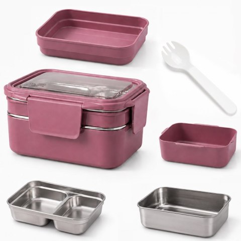 Śniadaniówka LUNCH BOX z widelcem, stal nierdzewna, 2 poziomy, ciemny róż PJM50CR