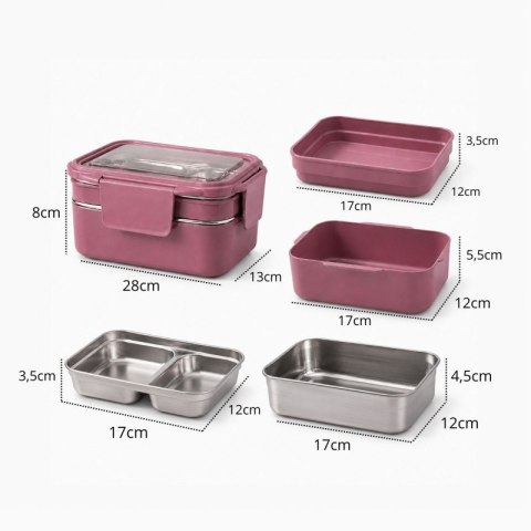 Śniadaniówka LUNCH BOX z widelcem, stal nierdzewna, 2 poziomy, ciemny róż PJM50CR