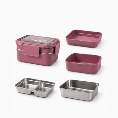Śniadaniówka LUNCH BOX z widelcem, stal nierdzewna, 2 poziomy, ciemny róż PJM50CR
