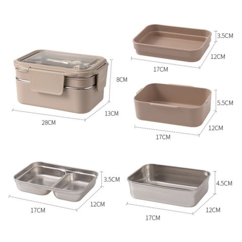 Śniadaniówka LUNCH BOX z widelcem, stal nierdzewna, 2 poziomy, ciemny róż PJM50CR