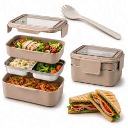 Śniadaniówka LUNCH BOX z widelcem, stal nierdzewna, 2 poziomy, kremowy PJM50K