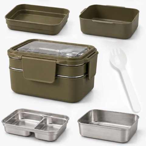 Śniadaniówka LUNCH BOX z widelcem, stal nierdzewna, 2 poziomy, zielony PJM50ZIE