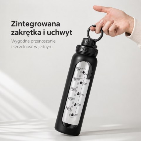 Butelka na wodę, sportowy bidon z miarką 1L czarny, transparentny z uchwytem BD70