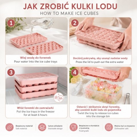 Zestaw 3 foremek silikonowych do kostek lodów z pojemnikiem, 99szt kulek FNL09