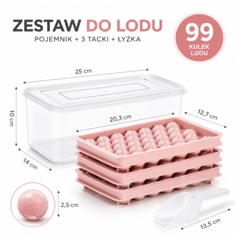 Zestaw 3 foremek silikonowych do kostek lodów z pojemnikiem, 99szt kulek FNL09